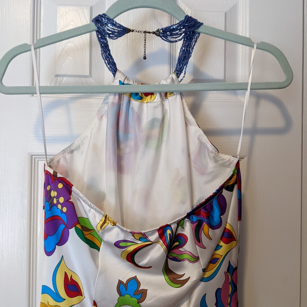 Vintage Y2K 90s Style Silk Floral Halter Midi Dress with Beaded Necklace Size 4 - Picture 5 of 6